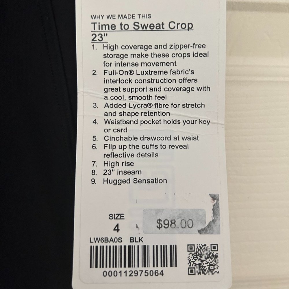 Lululemon Time to Sweat Crop 23" Size 4